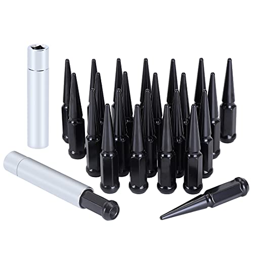 M14x1.5 Spike Lug Nuts - Black Set of 24 with 2 Socket Keys (19mm Hex, 4.4" Tall)