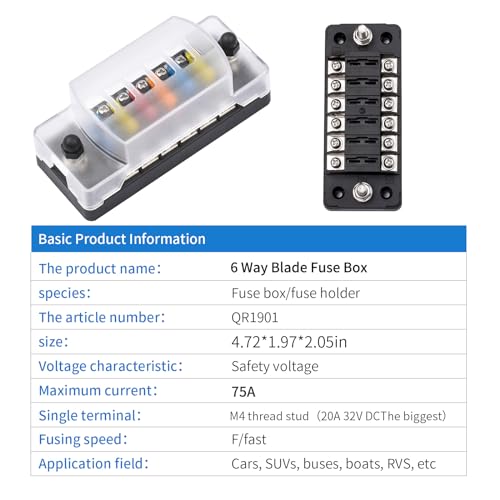 6-Way 12V Fuse Box Blade, 6-Volt Fuseholder, No LED Indicator, Moisture Resistant Cover - with Ground Bus 6-Way Independent Positive Fuseholder for DC 12V/24V Cars, Car Trucks, Boats, Marine Vehicles - size: 6 Way