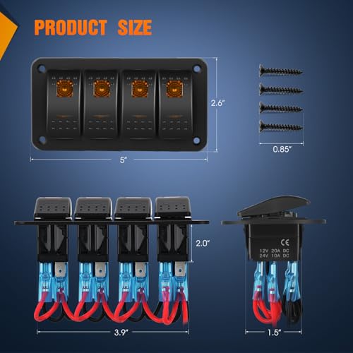 Nilight 4 Gang Rocker Switch Panel w/Orange LED Light 5Pin ON Off Pre-Wired - color: Amber, size: 4 Gang