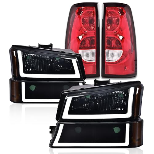 G-PLUS LED Headlights Assembly & Tail Lights Fit Chevy Silverado 1500 1500 HD 2500 2500 HD 2003-2006, Smoky Lens Black Housing Amber Reflector Headlamps Assembly Red Taillights - color: Smoky Lens Black Housing Amber Reflector & Red, size: U LED