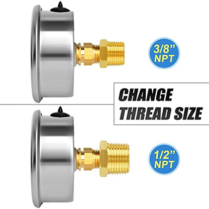 MEANLIN MEASURE 0~100Psi Stainless Steel 1/4" NPT 2.5" FACE DIAL Liquid Filled Pressure Gauge WOG Water Oil Air Back Mount (Pack of 2), with 1/2" NPT and 3/8" NPT Hex Bushing - size: 0-100Psi (2Pcs)