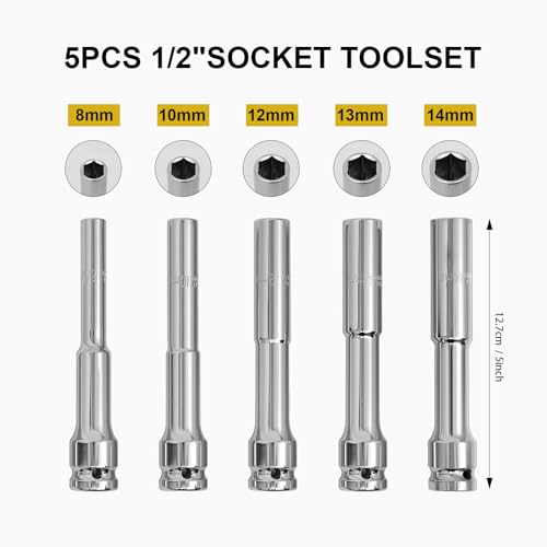 5PCS 1/2" Drive Extra Long Thin Wall Deep Socket Set，8-14mm Metric Impact Socket Kit, CR-V Steel for Automotive Repair, Compatible with Electric/Pneumatic/Manual Wrench