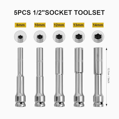 5PCS 1/2" Drive Extra Long Thin Wall Deep Socket Set，8-14mm Metric Impact Socket Kit, CR-V Steel for Automotive Repair, Compatible with Electric/Pneumatic/Manual Wrench
