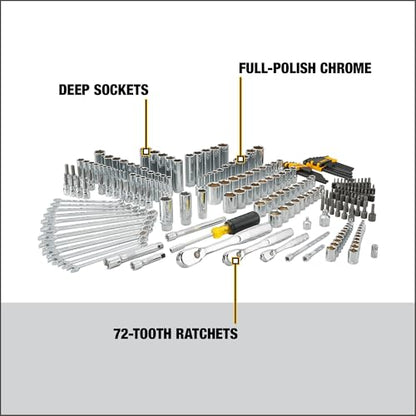 DEWALT Mechanic Tool Set, 247-Piece, 1/4 in., 3/8 in. and 1/2 in. Drive, SAE, Ratchets, Sockets, Hex Keys, Combination Wrenches, Polish Chrome Finish (DWMT81535) - style: 247 pc