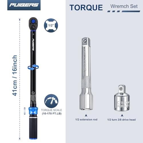 Torque wrench Set 1/2 drive,1/2 Torque Wrenches 10-170 FT.LB/13.6-230.5 Nm,±3% Precision Wrench with 1/2'' to 3/8'' Socket Adapter, 5 Inch Extension Bar for Car and Moto Maintenance - size: 1/2" 10-170 FT.LB - 4 Pcs