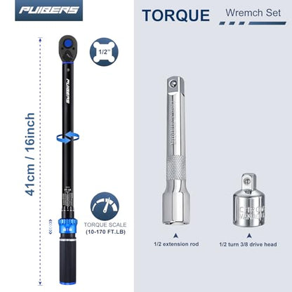 Torque wrench Set 1/2 drive,1/2 Torque Wrenches 10-170 FT.LB/13.6-230.5 Nm,±3% Precision Wrench with 1/2'' to 3/8'' Socket Adapter, 5 Inch Extension Bar for Car and Moto Maintenance - size: 1/2" 10-170 FT.LB - 4 Pcs