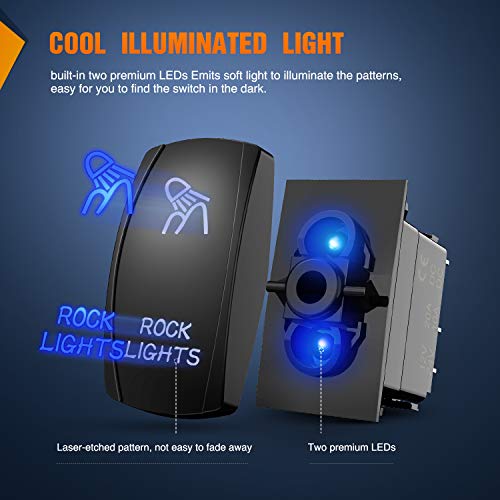 Nilight - 90008B Rock Lights Rocker Switch LED Light Bar 5Pin Laser On/Off LED Light 20A/12V 10A/24V Switch jumper wires set for Jeep Boat Trucks,2 years Warranty Blue - color: Blue, size: ROCK LIGHTS
