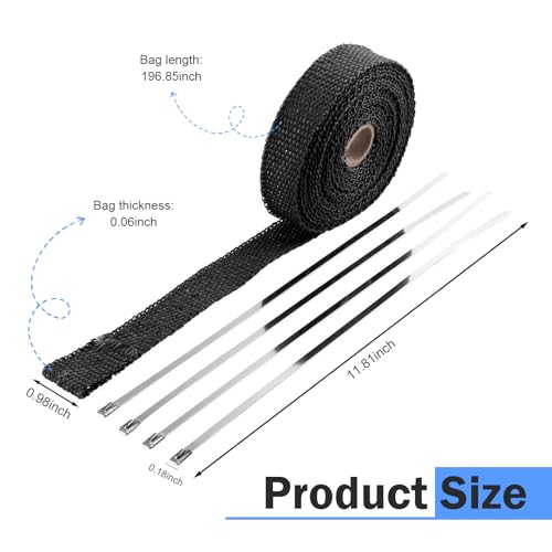 Motorcycle Exhaust Heat Wrap, 16.4 Ft Heat Insulation Protective Wrap with Ties, Cuttable High-temperature Resistant Shield Tape, DIY Modification Part for Most Motorcycles (Black)