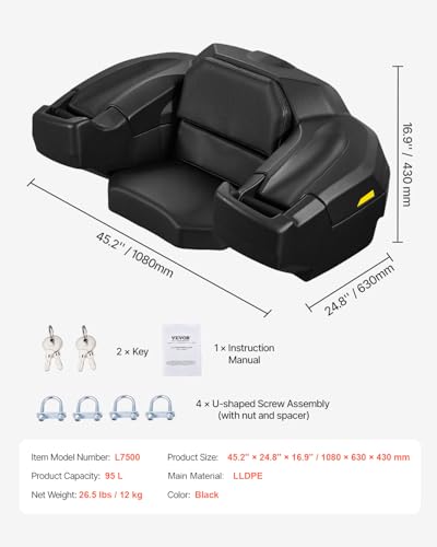 VEVOR ATV Rear Storage Box and Lounger, 95L ATV Cargo Box with Seat & Backrest, Waterproof LLDPE & Lockable Lounger Storage Box Fit Most ATVs with Rear Rack, Compatible with ATV, UTV, Can-Am Vehicles