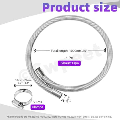 Swpeet 3Pcs 1" x 39" - 25mm x 100cm Stainless Steel Diesel Heater Exhaust Pipe with 18mm-29mm Hose Clamps Kit, Fuel Tank Air Heater Diesel Gas Vent Hose Exhaust Tubing for Car Vehicle - size: 100cm Without Exhaust Muffler