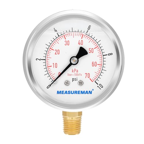 MEASUREMAN 2-1/2" dial,Glycerin Filled, Stainless Steel case, Brass Inside, 0-10psi/kpa,1/4" NPT Lower Mount - size: 0-10 psi, style: Lower Mount