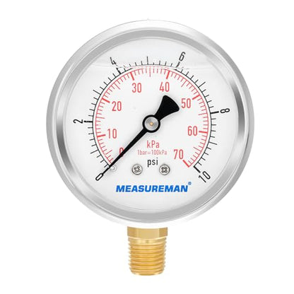 MEASUREMAN 2-1/2" dial,Glycerin Filled, Stainless Steel case, Brass Inside, 0-10psi/kpa,1/4" NPT Lower Mount - size: 0-10 psi, style: Lower Mount