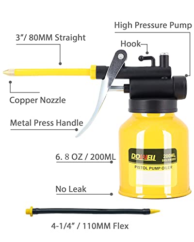 DOWELL Oil Can Pump Oiler 6.8oz 200ml, Oil Squirt Can Metal, Yellow - size: 6.8 oz