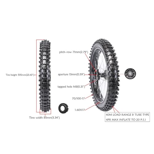17/14 Dirt Bike Wheel Set, 70/100-17 Front 90/100-14 Rear Tire Rim Assembly with 0.59in 15mm Bearings and Brake Rotors for 110cc 125cc 140cc 150cc Pit Bike