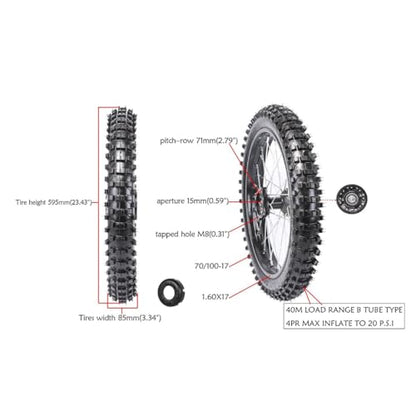 17/14 Dirt Bike Wheel Set, 70/100-17 Front 90/100-14 Rear Tire Rim Assembly with 0.59in 15mm Bearings and Brake Rotors for 110cc 125cc 140cc 150cc Pit Bike