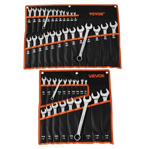 VEVOR Combination Wrench Set, 44-Piece SAE and Metric, 12-Point Box End and 15° Angled Open End Combination Wrenches with Roll Up Pouch, Carbon Steel, for General Household and Automotive Repairs - size: 44PCS