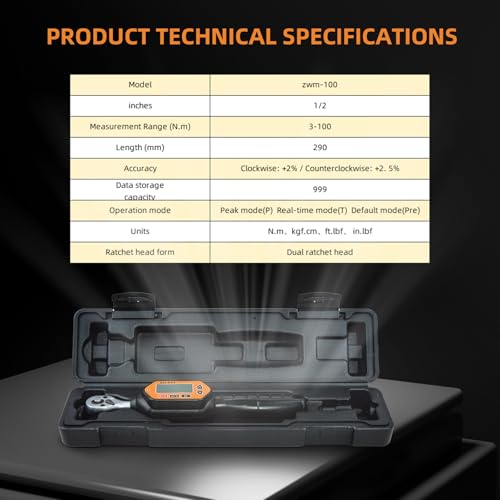 Digital Torque Wrench, 73.7 Ft.lbs/3-100 N.m, 1/2 in Drive Rachet Torque Wrench with Buzzer & LED Indicator Four Units of Measure Torque Wrenches Digital - size: 1/2-100 Nm
