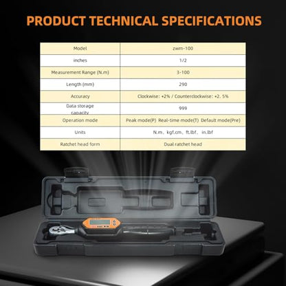 Digital Torque Wrench, 73.7 Ft.lbs/3-100 N.m, 1/2 in Drive Rachet Torque Wrench with Buzzer & LED Indicator Four Units of Measure Torque Wrenches Digital - size: 1/2-100 Nm