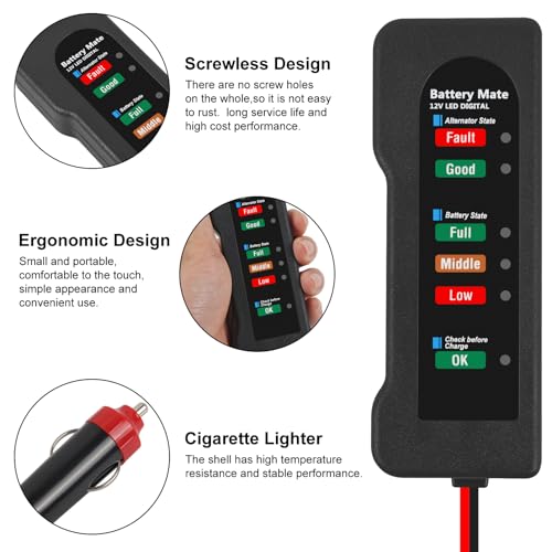 12V car Battery Tester, Alternator Tester Automotive,Battery Checker, Analyzer to Check alternator & Battery Charging System,LED Indication (C) - color: C