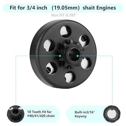 Centrifugal Clutch 3/4 Bore 10T Compatible with #40/41/420 Chain,Go Kart Clutch Fit for Minibike MB165 & MB200 and Honda Cloned Engines GC160 / GC190/ GX120/ GX140/ GX160/ GX200. Up to 2-6.5HP - size: 3/4" Bore 10T