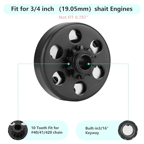 Go Kart Clutch 3/4 Bore 10T with #40/41/420 Chain, for Predator 212 Centrifugal Clutch Fit for Minibike MB165 & MB200 and Honda Cloned Engines GC160, GC190, GX120, GX140, GX160, GX200. Up to 2-6.5HP - size: 3/4" Bore 10T with Chain