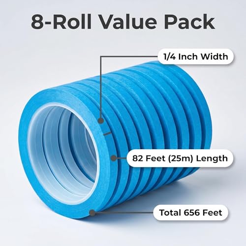 JINBING Blue Painters Tape 8Rolls 1/4 Inch Paper Masking Tape for Painting, DIY, Craft, Automotive, No Residue, Easy Tear, Clean Removal