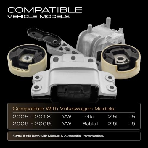 5PCS Engine Motor and Transmission Mount Kit Compatible with 2005-2018 Volkswagen Jetta 2.5L and 2006-2009 Rabbit 2.5L L5 Replacement A4927 A4928 A6962 A6966 A6969 - size: 2005-2018 Volkswagen Jetta 2.5L