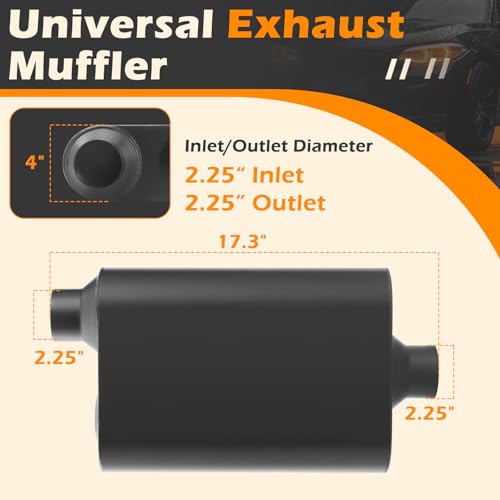 A-KARCK Universal Exhaust Muffler 2.25" Offset Inlet 2.25" Center Outlet, 17.3" Overall Length Aluminized Steel Aggressive Sound Race Muffler for Cars, Trucks (Black) - size: 2.25" offset in | 2.25" center out | overall 17.3"