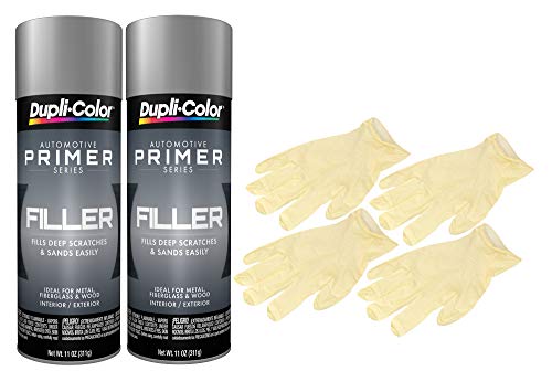 Dupli-Color FP101 Gray Premium Sandable Scratch Filler and Primer (11 oz) Bundle with Latex Gloves (6 Items)