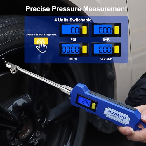 Rechargeable Digital Tire Pressure Gauge, Heavy-Duty Dual-Head Tire Gauge, USB-C Fast Charging, Backlit Display, LED Light, 4 Unit Switching, for Trucks, Motorhomes, Cars, and Motorcycles