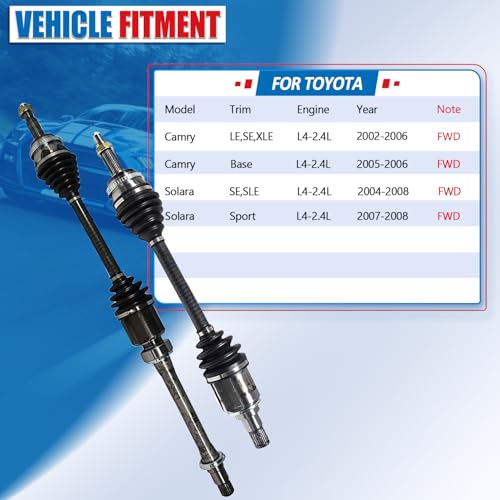 FWD Front CV Axle Shaft Assembly Compatible with Toyota Camry 2006-2002, 2.4L L4 FWD Only, Left and Right Front CV Joints, SE LE XLE Base Sedan - size: B2CV059-Camry