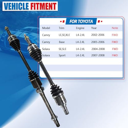 FWD Front CV Axle Shaft Assembly Compatible with Toyota Camry 2006-2002, 2.4L L4 FWD Only, Left and Right Front CV Joints, SE LE XLE Base Sedan - size: B2CV059-Camry