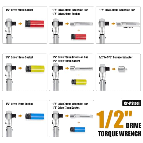 1/2 Inch Drive Click Torque Wrench Set for Tire Changes | 10-170 ft-lb/13.6-230.5 Nm, ±3% Accuracy, 17/19/21 mm Lug Nut Sockets, 72-Tooth Ratchet, Storage Case - size: 1/2" Drive, 6-Piece