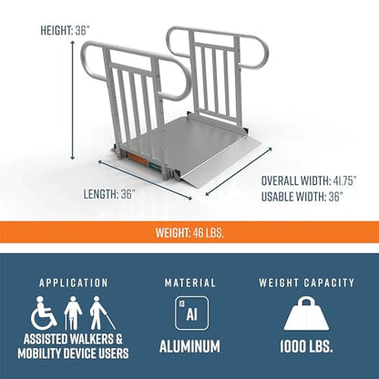 EZ-ACCESS - Portable Wheelchair Ramp and Aluminum Ramp with Handrails - Heavy Duty Mobility Device, Handicap Ramp with Textured Surface for Steps & Vertical Picket Handrails - 3G 3-Foot, Silver - size: 36 Inch (Pack of 1), style: Ramp + vertical picket ra