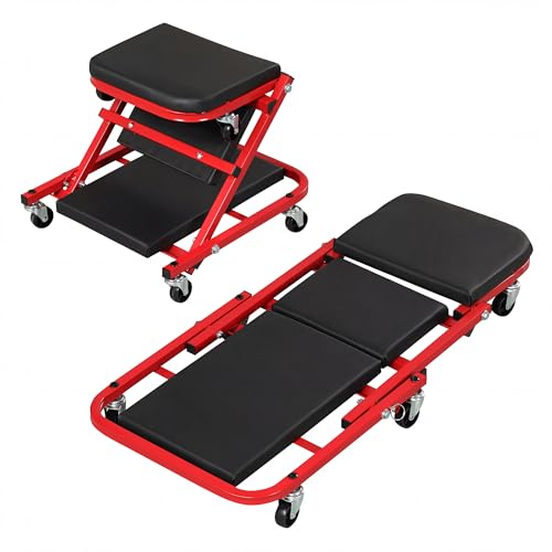 IRONMAX Folding Mechanic Z-Creeper, 2-in-1 Automotive Creeper & Stool, Red