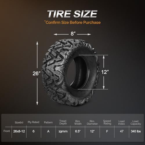 TUFFIOM 26x8-12 ATV Tires Set of 2 for All Terrains, Mud Sand Off-road ATV UTV Tire for Trail Vehicles, 6 PR, Deep Tread, Tubeless - size: 26 x 8.00-12 (2 pack)