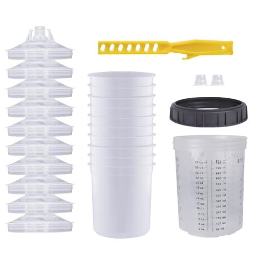 Disposable Paint Sprayer Mixing Cup for Automotive Paint Gun, HVLP Paint Spray Paint Gun 27 Ounce (800ml) Kit with 10 Cups and Lids System, 1 Hard Cup with Retainer Ring and 2 Plugs - size: 27 Ounce Kit