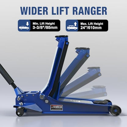 Floor Jack 3 Ton Extra Long Reach Hydraulic Low Profile Floor Jack with Dual Piston Quick Lift Pump, Home and Workshop Car Maintenance for Various Vehicles, 3 Ton (6,600 lbs) Capacity, Blue