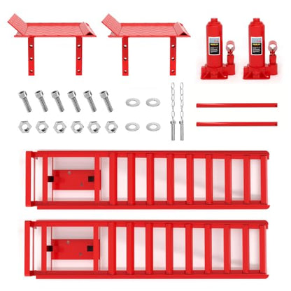 Heavy Duty Hydraulic Car Ramp 2 PCS, 11050LBS 5T Car Ramps with Hydraulic Jack, Steel Car Ramps for Oil Changes High Lift 9"-14.6" Red - color: Red-45.5l*13w*14.6h