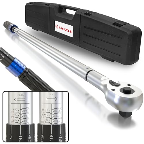 SuZhi 3/4 Inch Drive torque wrench 100-700 ft lb /135-949N.M/Aluminum Alloy handle & Cr-Mo Material Head, Heavy Duty, Professional,Dual Direction, Store in Solid Case - size: 3/4'' 1 pc