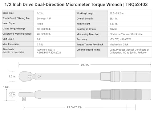 TEKTON 1/2 Inch Drive Micrometer Torque Wrench | TRQ52403 - size: 1/2 in.