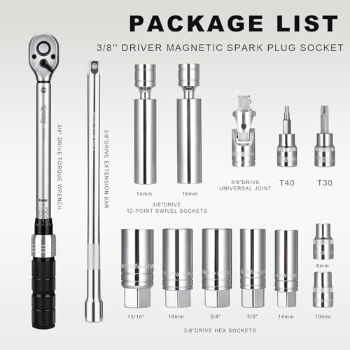 AEROFORCE 14PCS 3/8-Inch Drive Swivel Magnetic Spark Plug Socket Set with 3/8" Torque Wrench (5-45 Lb.ft/6.8-61.2 Nm), Universal Joint & Extension Bar - Durable CR-V Steel for Easy Spark Plug Removal - size: 14PCS Magnetic