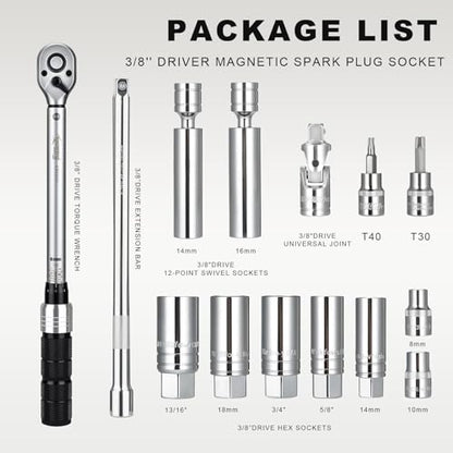 AEROFORCE 14PCS 3/8-Inch Drive Swivel Magnetic Spark Plug Socket Set with 3/8" Torque Wrench (5-45 Lb.ft/6.8-61.2 Nm), Universal Joint & Extension Bar - Durable CR-V Steel for Easy Spark Plug Removal - size: 14PCS Magnetic