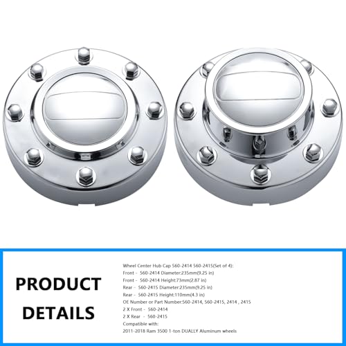 Wheel Center Hub Cap 560-2414 560-2415, Set of 4 | Front & Rear Hub Cover, 9 1/4" Diameter | Compatible with Dodge Ram 3500 Dually 1-Ton Truck 2011-2018 Replace # 68081010AA 2414 2415 - color: Set of 4, size: 560-2414 560-2415