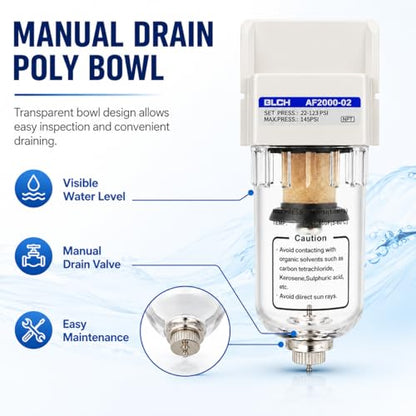BLCH 1/4" NPT Air Line Dryer - Air Dryer for Compressor,Compressed Air Dryer Air Drying System AF2000-02Z Manual Drain Poly Bowl 0-160 PSI 5μm - style: AF2000-02