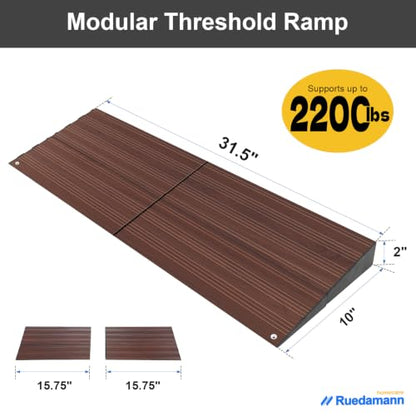 Ruedamann 2" Rise 2200 LBS Load Capacity Aluminum Modular Threshold Ramp - color: Dark Wood Look, size: 2'' Rise