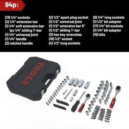 Hand tools, Mechanics Tool Set 94pcs Socket Set wih Case, 1/4" & 1/2" Drive, Versatile and Durable Tool Kit for Auto & Motorcycle Repair, Home, and DIY Projects (94p)
