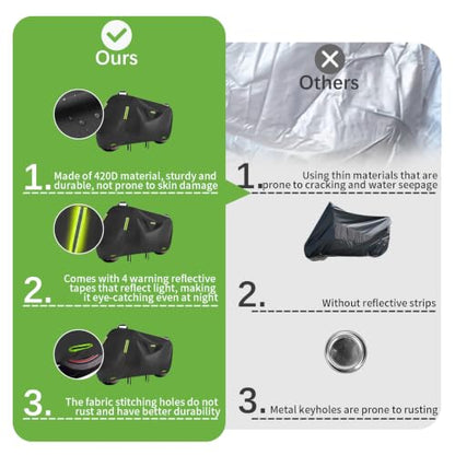 KALINCO Motorcycle Cover, 600D Waterproof Outdoor Motorcycle Cover, All Weather Rain Sun Snow Protection with Lock-Holes Motorcycle Tarp with Night Reflective Strips ＆ Storage Bag - size: XXXL