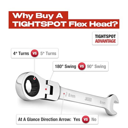 Jaeger 8 mm Flex Head Ratchet Wrench, 4° Swing, 12-Pt, Metric - size: 0.315" Flex Head, style: Individual Flex Head Ratcheting Wrench