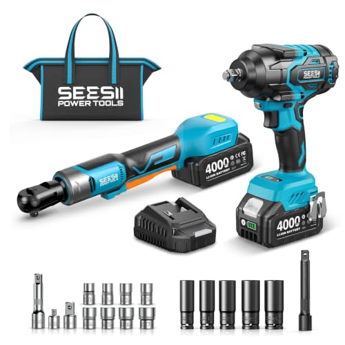 Seesii 1/2" Impact Wrench & 3/8" Ratchet Combo Kit for Auto Repair